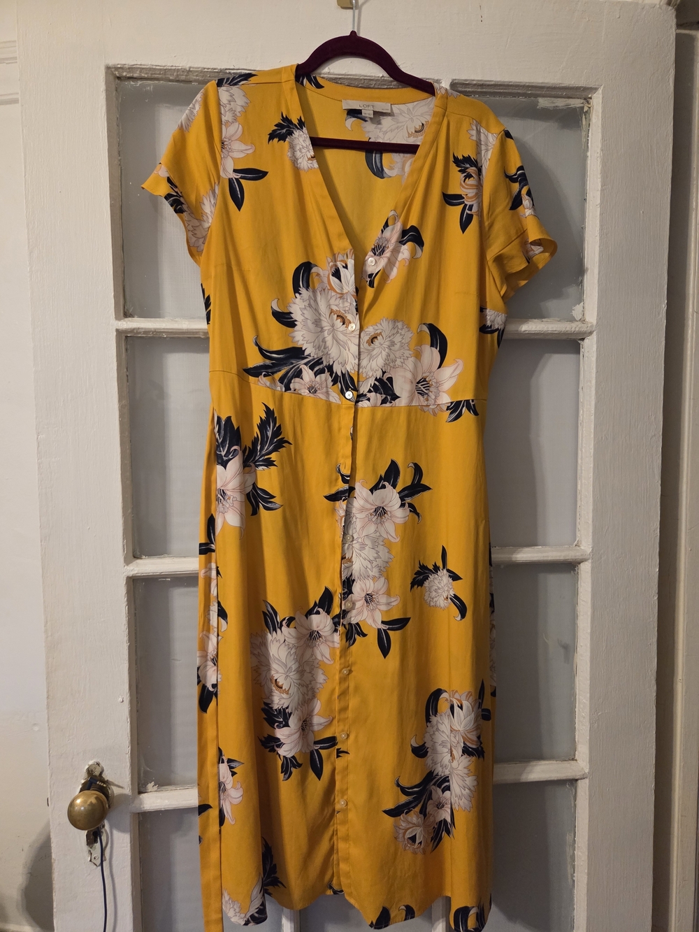 LOFT Yellow Floral Midi Dress with Navy & Cream Accents